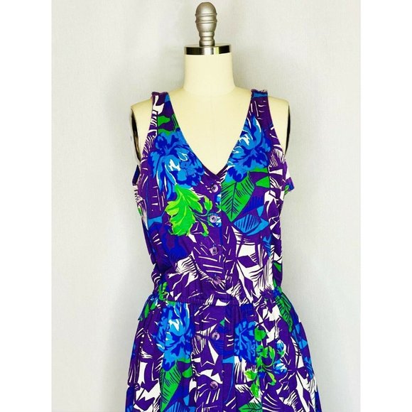 Vintage 80s 90s Purple Floral Day Dress Sz S Small Bright Tropical Button Front - Picture 7 of 8